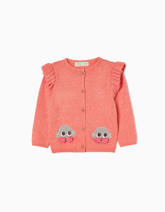 Cardigan with Frills and Pom-Poms for Baby Girls, Coral