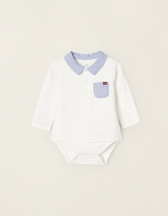 Long Sleeve Bodysuit-Shirt in Cotton for Newborn Baby Boys, White/Blue