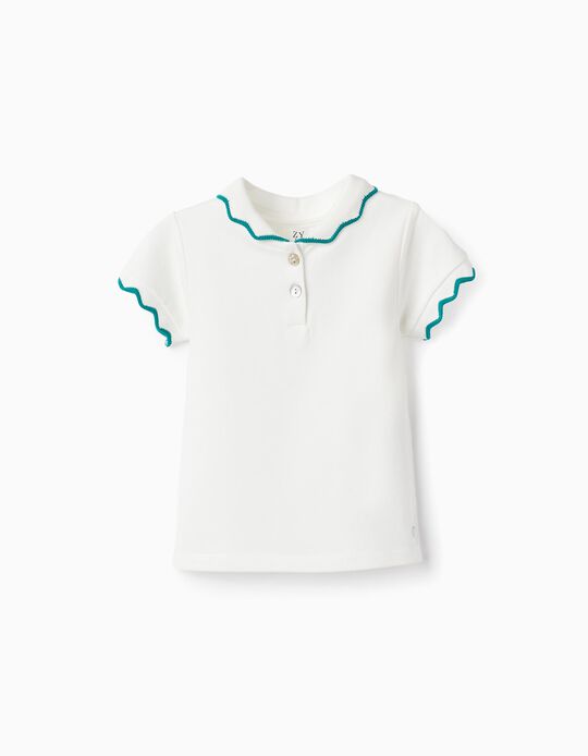 Cotton Piqué Polo-T-shirt for Baby Girls, White/Green