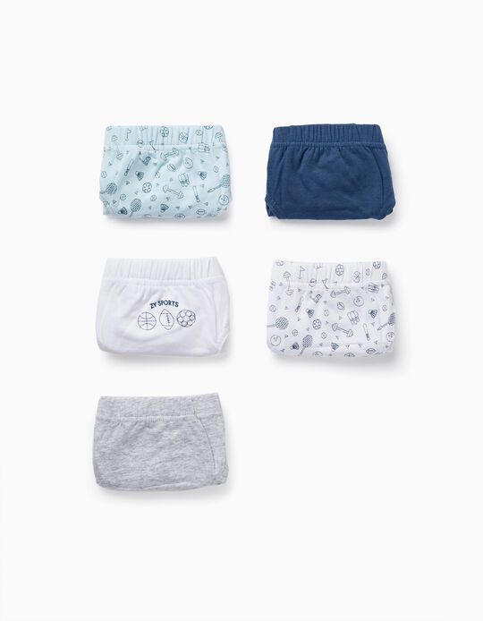 Pack of 5 Cotton Briefs for Boys 'Sport', White/Blue/Grey