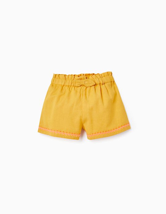 Shorts with Bow and Embroidered Details for Baby Girls, Yellow