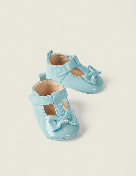 Shiny Ballet Pumps for Newborn Baby Girls, Light Blue