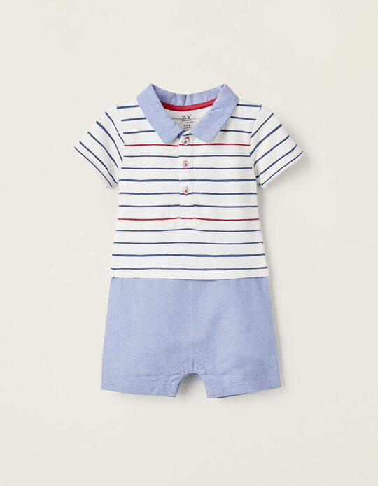 Piqué and Oxford Jumpsuit for Newborn Boys, White/Blue/Red
