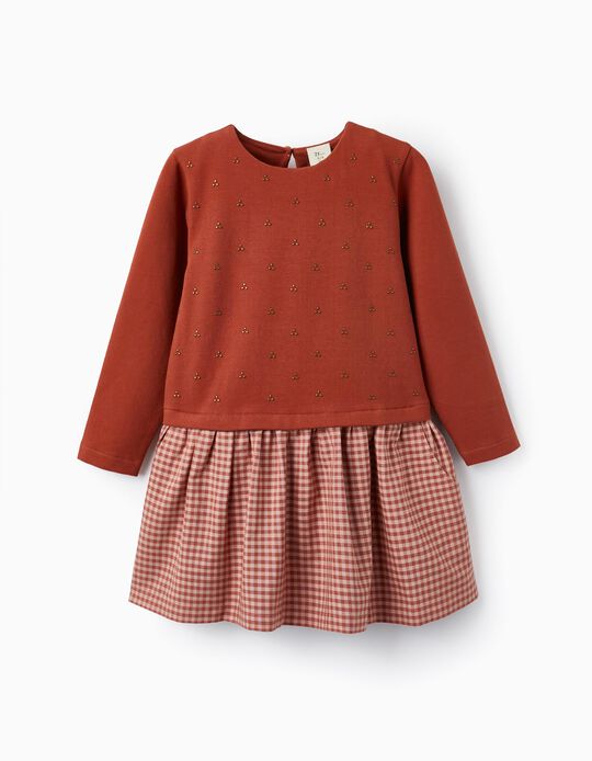 Cotton Dress with Studs and Gingham for Girls, Dark Red