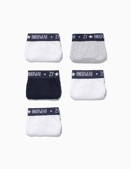 Pack of 5 Cotton Briefs for Boys, White/Grey/Black