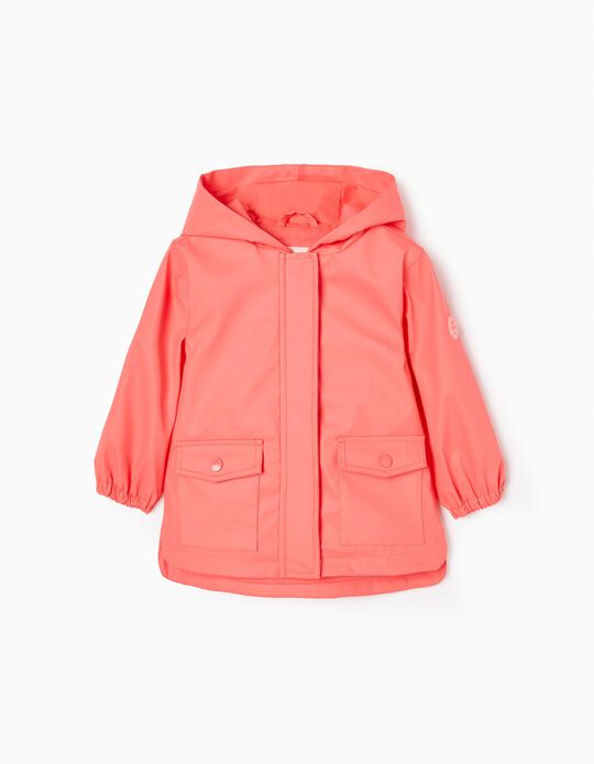 Rubber Hooded Parka for Baby Girls, Coral