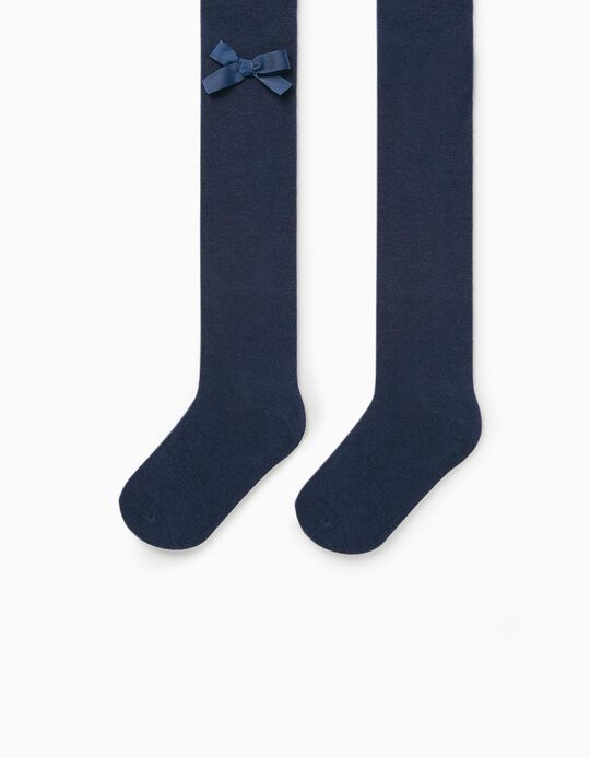 Cotton Tights with Bows for Girls, Dark Blue