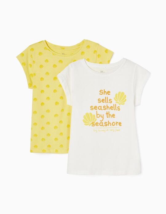 2 Pack Cotton T-shirts 'Seashells' for Girls, White/Yellow