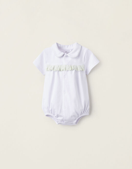 Cotton Bodysuit with Broderie Anglaise for Newborn Girls, White/Green