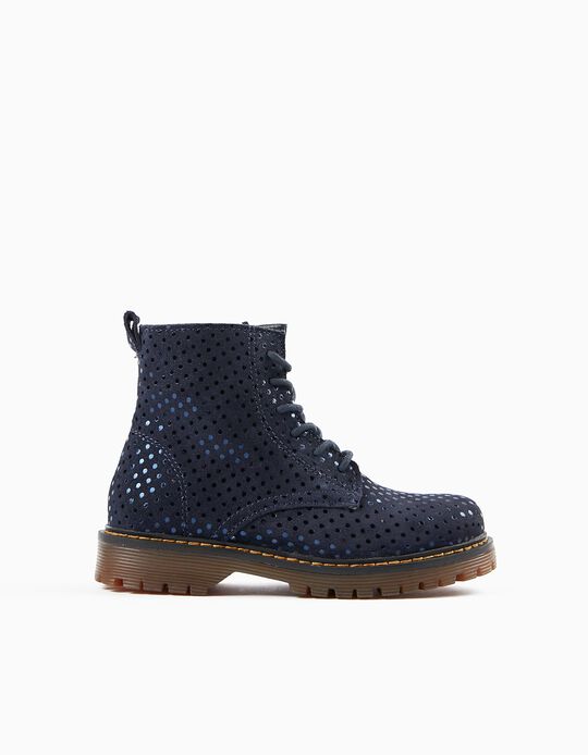 Leather Polka-Dotted Boots for Girls, Dark Blue