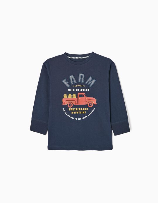 T-shirt à Manches Longues en Coton Garçon ' Les Alpes', Bleu Foncé