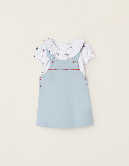 Cotton Bodysuit + Pinafore Dress for Newborn Baby Girls 'Navy', White/Blue