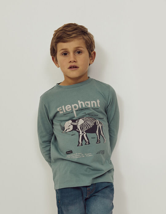 Long Sleeve Cotton T-Shirt for Boys 'Elephant', Turquoise
