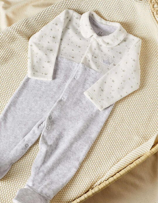 Velour Sleepsuit for Newborn Baby Boys 'Crown', White/Grey