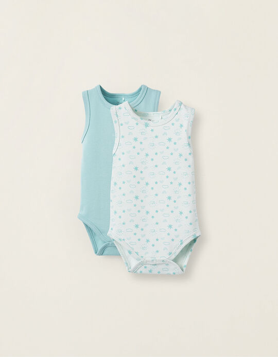 Pack of 2 Sleeveless Cotton Bodysuits for Baby Boys, Aqua Green