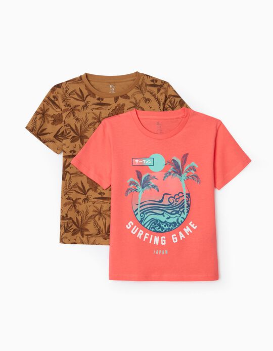 2 T-Shirts for Boys 'Surfing Game', Coral/Camel