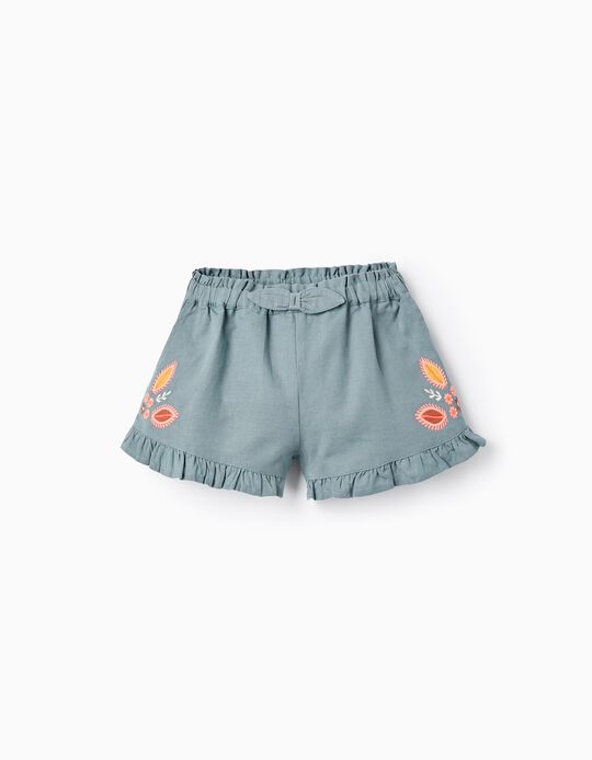 Shorts with Embroidery for Baby Girls, Dark Green