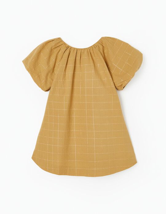 Vestido de Algodão com Textura e Xadrez para Bebé Menina, Bege Escuro/Dourado