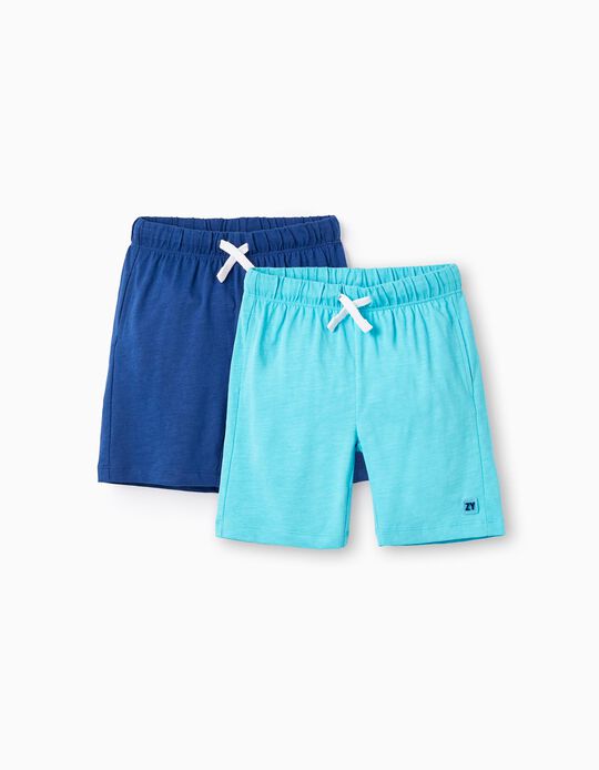 2 Cotton Jersey Shorts for Boys, Blue/Turquoise