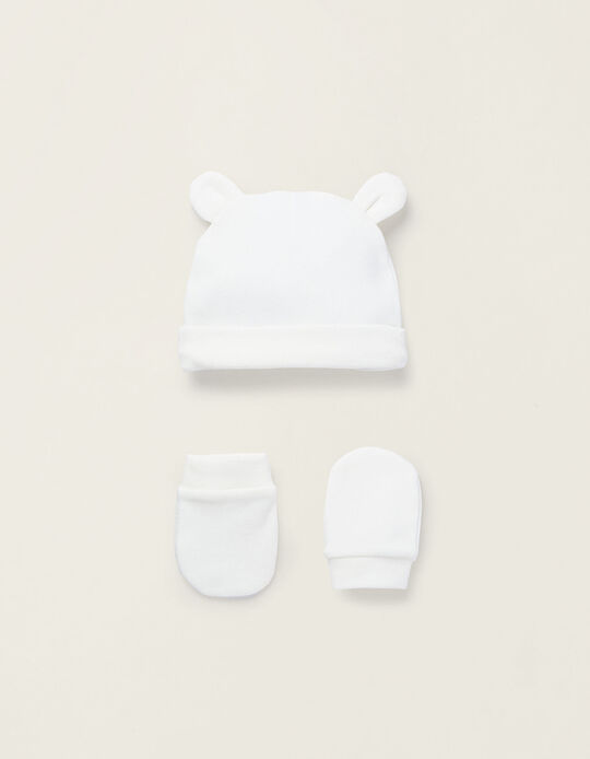 Acheter en ligne Bonnet + Moufles en Coton pour Nouveau-née, Blanc