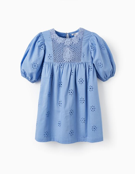 Cotton Dress with English Embroidery for Girls, Blue
