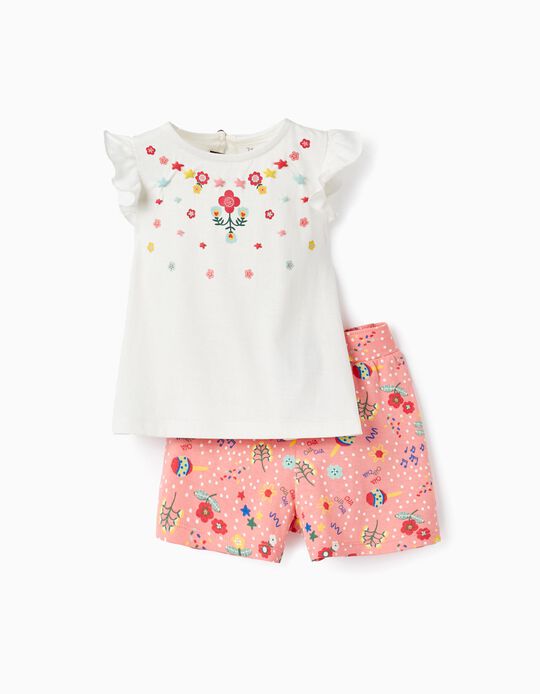 T-shirt + Calções para Bebé Menina 'Flores', Branco/Coral