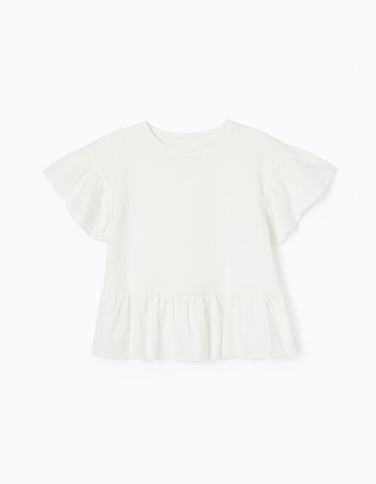 Cotton T-shirt with Frills for Girls, White