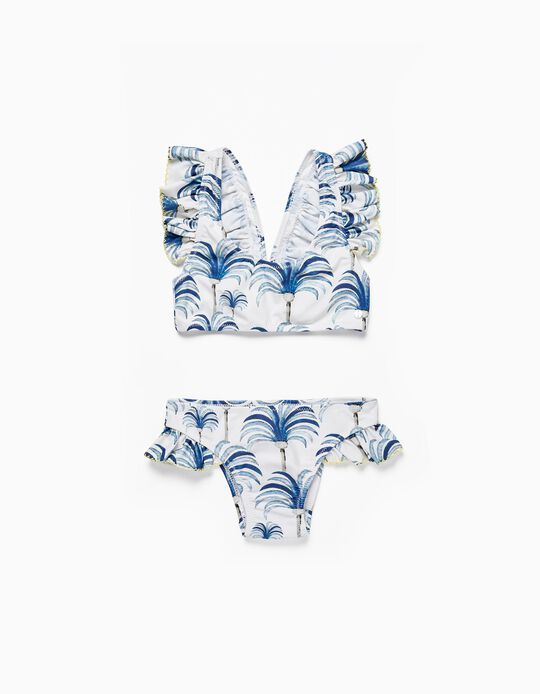 Bikini con Volantes Protección UV 80 para Niña, Blanco/Azul