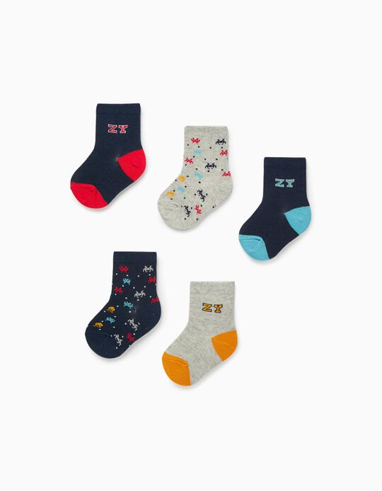 Pack of 5 Pairs of Socks for Baby Boys 'Gaming', Dark Blue/Grey