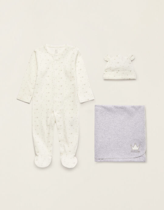 Cotton Sleepsuit + Beany+ Nappy Square Set for Newborn Babies, White/Grey