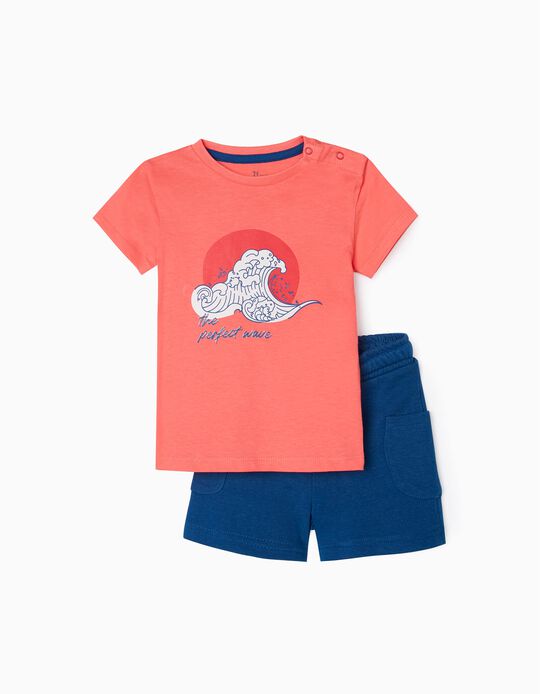 T-Shirt + Shorts for Baby Boys 'The Perfect Wave', Coral/Blue