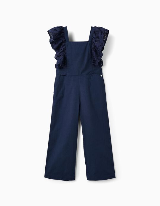 Jumpsuit with Ruffles and English Embroidery for Girls, Dark Blue