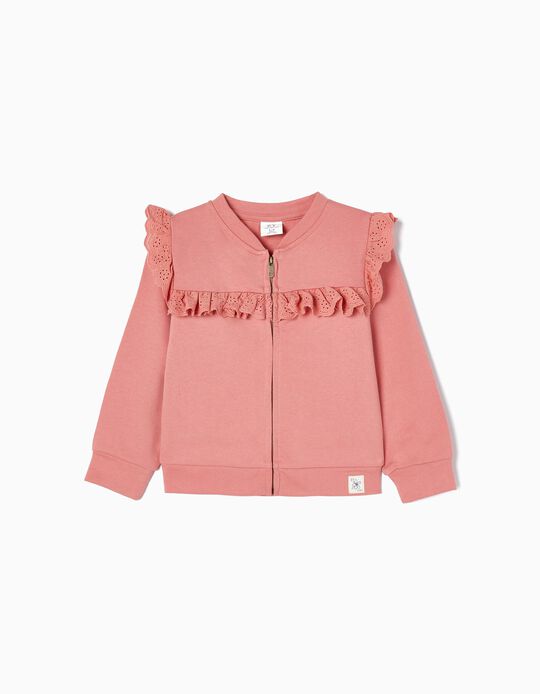 Cotton Jacket with Frill in English Embroidery for Girls, Pink