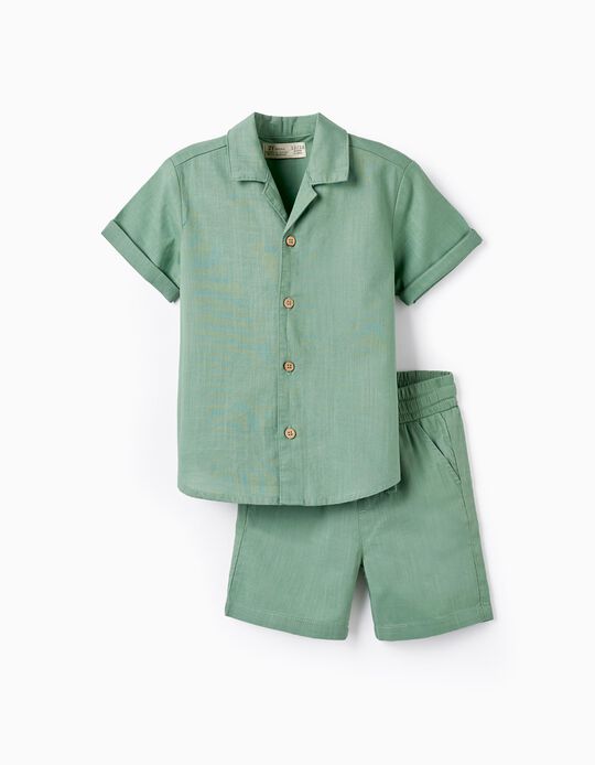 Cotton Shirt + Shorts for Baby Boys, Green