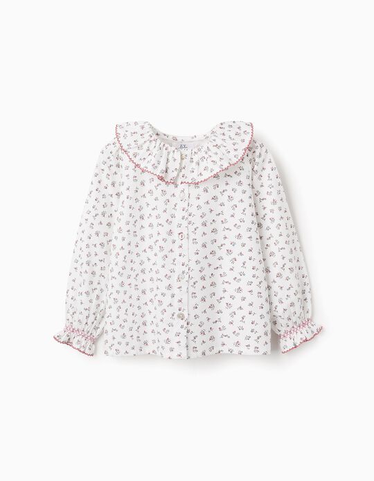 Comprar Online Camisa de Algodão Floral e com Folhos para Menina, Branco