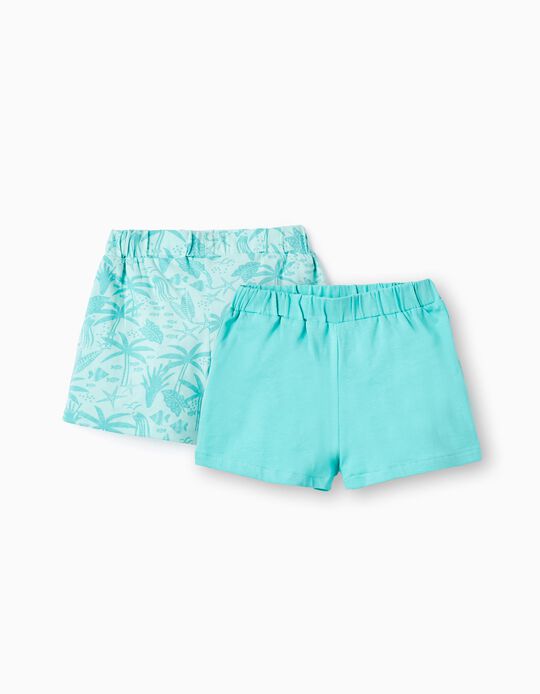 2 Cotton Jersey Shorts for Baby Girls, Aqua Green