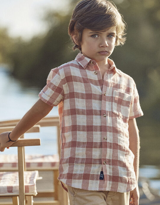 Cotton Shirt with Plaid for Boys, Beige/salmon