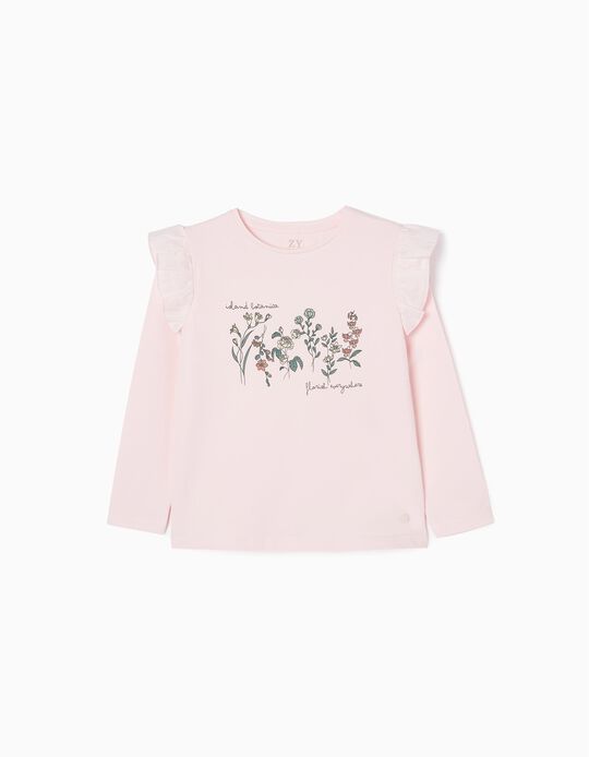 T-shirt de Algodão com Estampado de Flores para Menina 'Island Botanica', Rosa