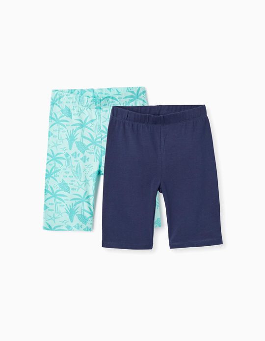 2 Tight Cotton Shorts for Girls 'Sea', Dark Blue/Green