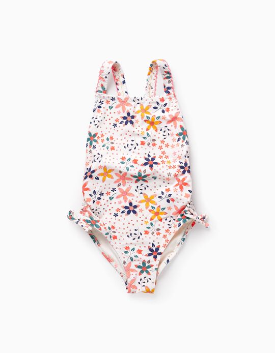 UPF80 Swimsuit with Floral Motif for Girls, White/Pink