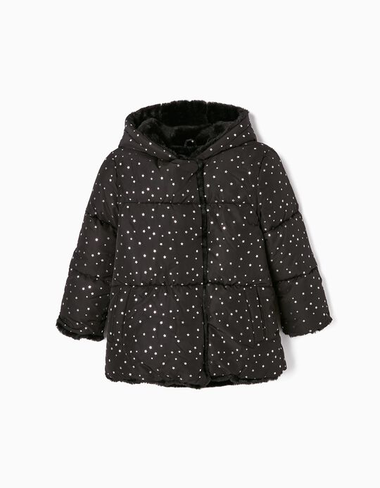 Hooded Quilted Jacket for Girls 'Stars', Black