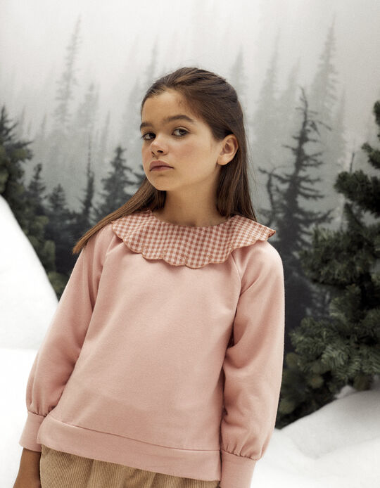 Cotton Sweatshirt with Vichy Collar for Girls, Pink
