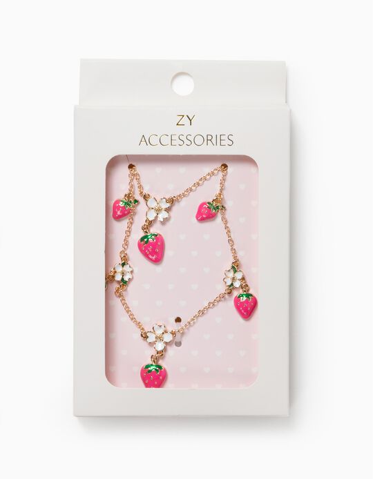 Chain and Bracelet for Girls, 'Strawberry & Flowers', Golden