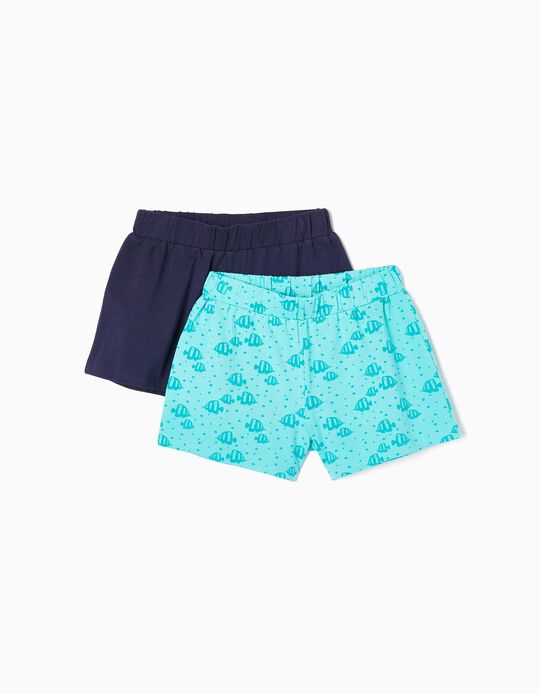 Lot 2 Shorts en Coton Fille, Bleu Foncé/Vert D'Eau