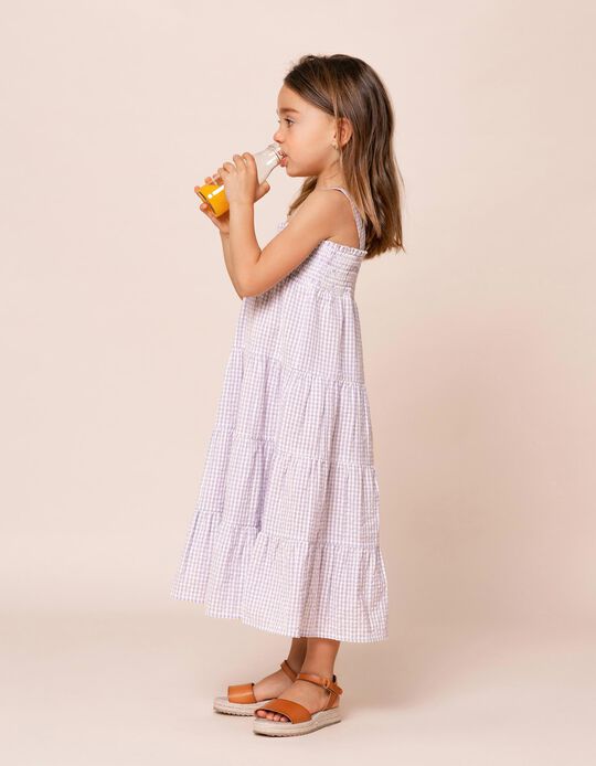 Strappy Vichy Dress for Girls, White/Lilac