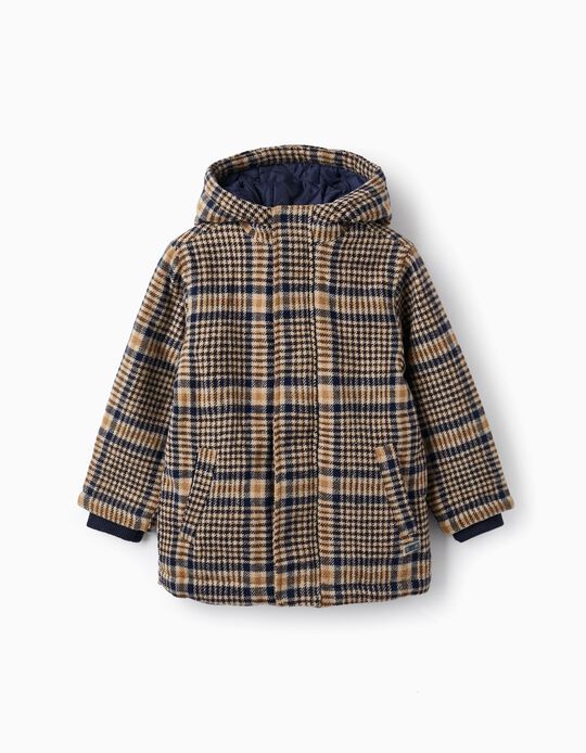Padded Checkered Parka with Hood for Boys, Beige/Dark Blue