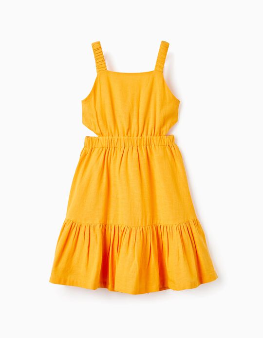 Vestido em Mistura de Linho para Menina, Amarelo
