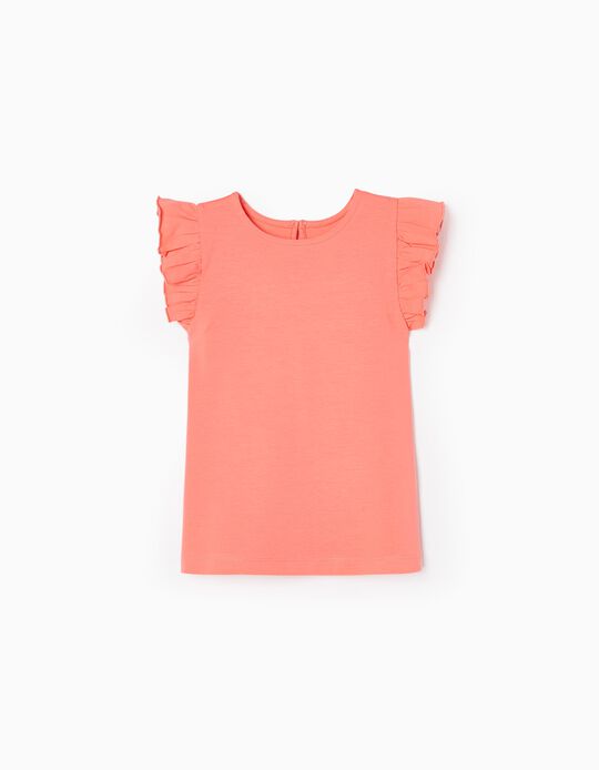 Cotton Sleeveless T-shirt with Frills for Girls, Coral