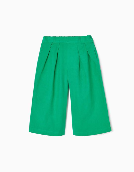 Pantalon Culotte en Coton et Lin Fille, Vert