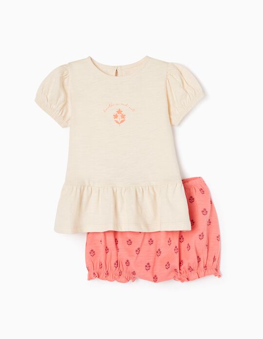 Conjunto T-shirt + Calções de Algodão para Bebé Menina 'Flores', Bege/Coral